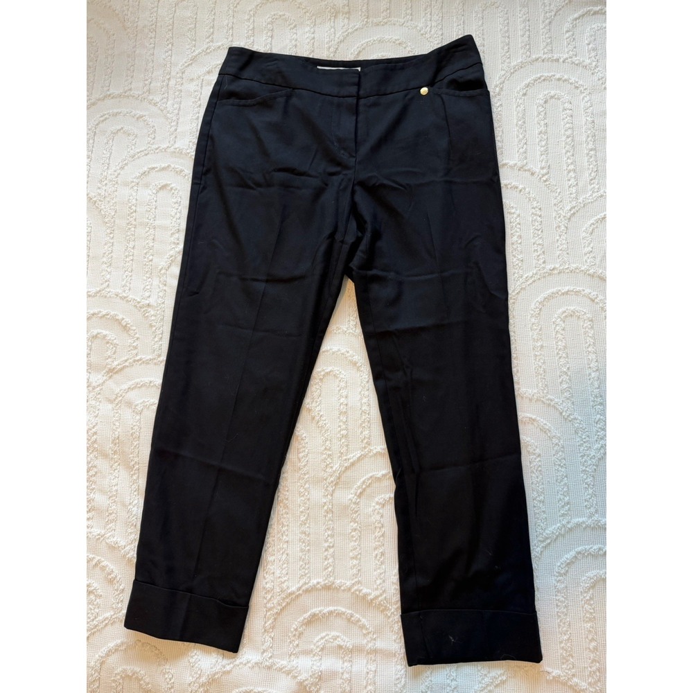 Trina Turk Cropped Pants Women 8 Black NWOT Cuffed Hem Flat Front Gold Button